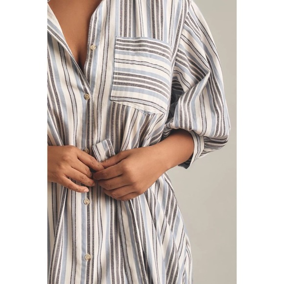Anthropologie MAEVE Mona Tie Waist Shirt Dress Blue White Stripe Maxi Medium - Picture 7 of 16